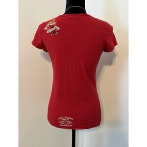 Women’s Harley Davidson Red Short Sleeve Biker Babe Flames Tattoo v Neck Sz M